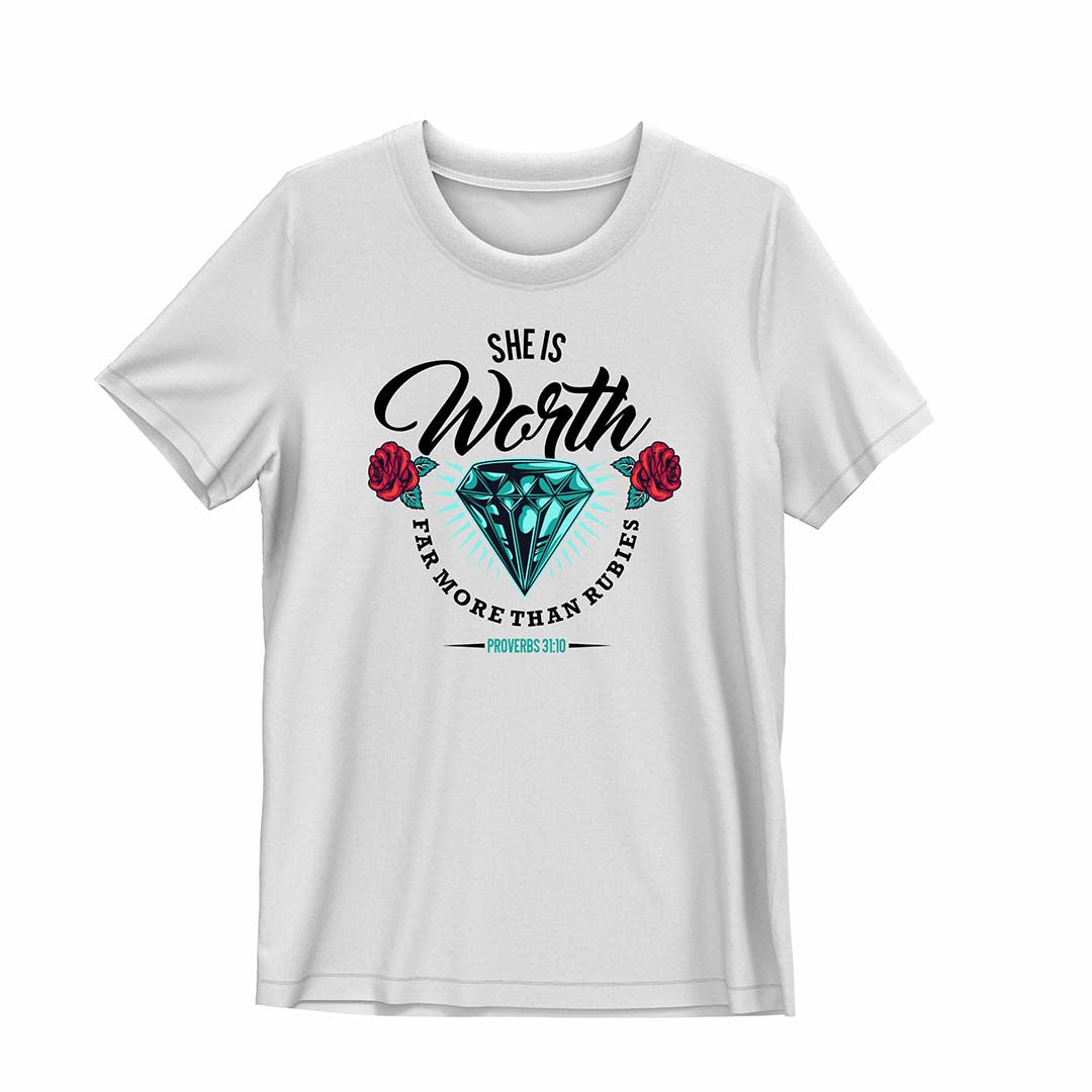She Is Worth Far More Than Rubies Christian Shirt | Proverbs 31:10 | Premium Cotton Faith Shirt