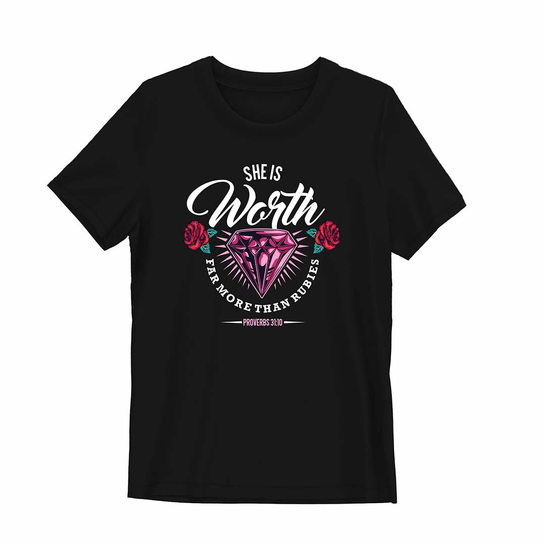 She Is Worth Far More Than Rubies Christian Shirt | Proverbs 31:10 | Premium Cotton Faith Shirt