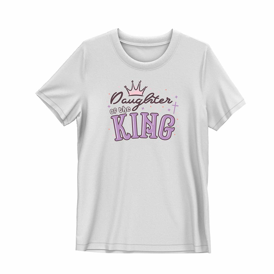 White t-shirt with 'Daughter of the King' text and crown graphic on a white background