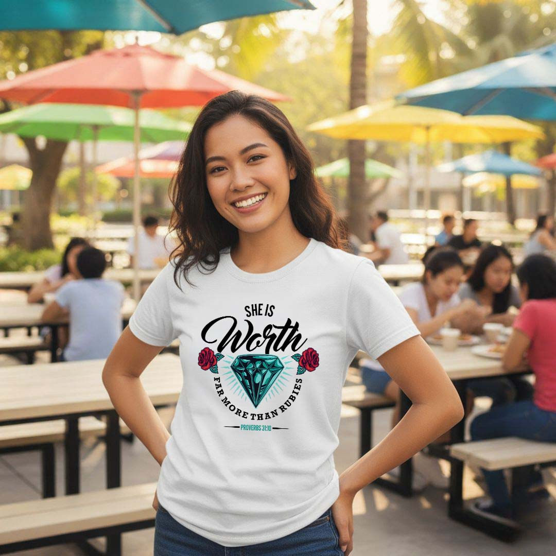 She Is Worth Far More Than Rubies Christian Shirt | Proverbs 31:10 | Premium Cotton Faith Shirt