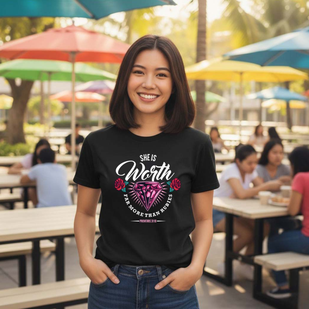 She Is Worth Far More Than Rubies Christian Shirt | Proverbs 31:10 | Premium Cotton Faith Shirt